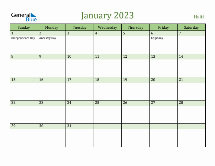 January 2023 Calendar with Haiti Holidays