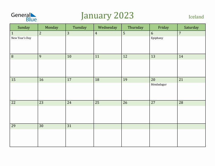 January 2023 Calendar with Iceland Holidays