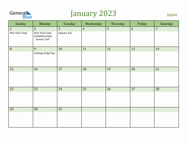 January 2023 Calendar with Japan Holidays