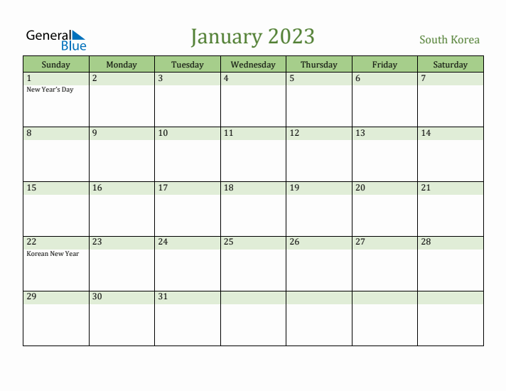 January 2023 Calendar with South Korea Holidays