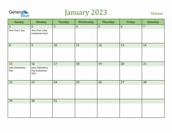 January 2023 Calendar with Malawi Holidays