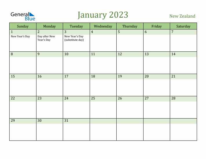 January 2023 Calendar with New Zealand Holidays