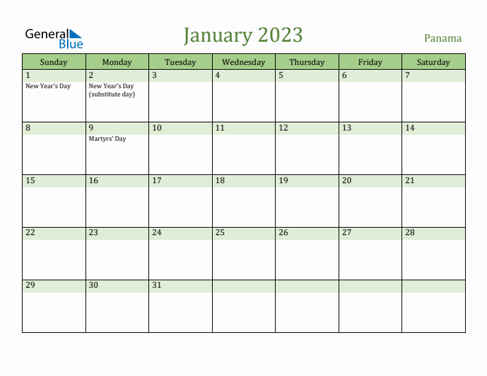 January 2023 Calendar with Panama Holidays