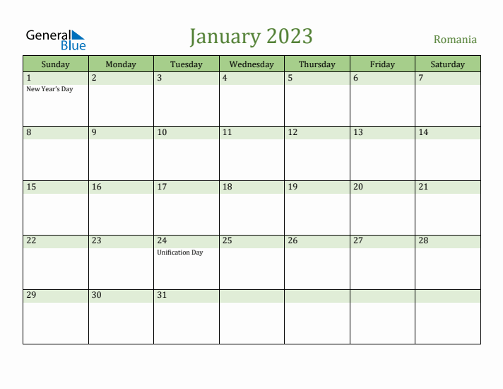 January 2023 Calendar with Romania Holidays