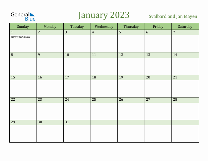 January 2023 Calendar with Svalbard and Jan Mayen Holidays