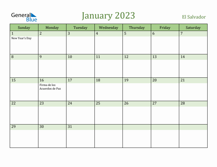 January 2023 Calendar with El Salvador Holidays