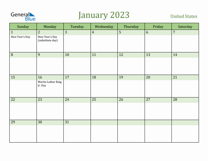 January 2023 Calendar with United States Holidays
