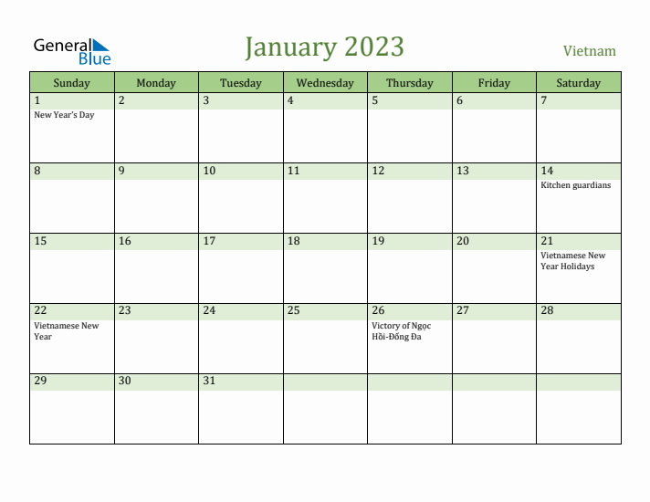 January 2023 Calendar with Vietnam Holidays