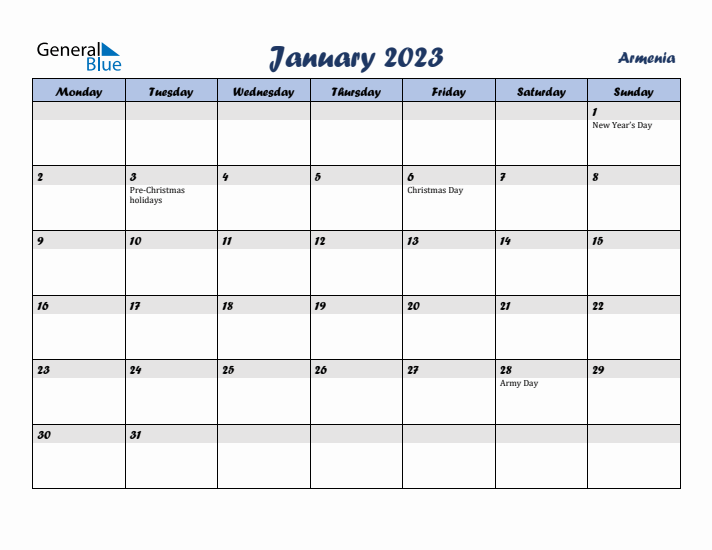 January 2023 Calendar with Holidays in Armenia