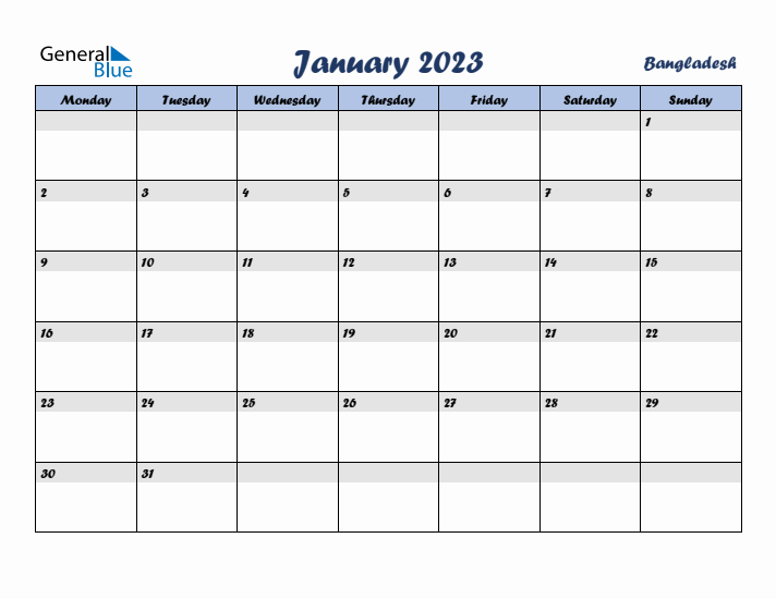 January 2023 Calendar with Holidays in Bangladesh