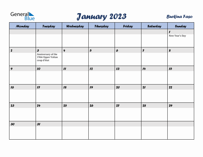 January 2023 Calendar with Holidays in Burkina Faso