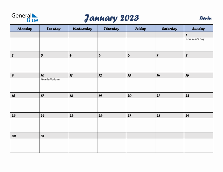 January 2023 Calendar with Holidays in Benin
