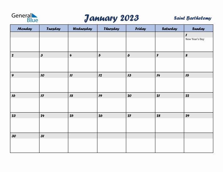 January 2023 Calendar with Holidays in Saint Barthelemy