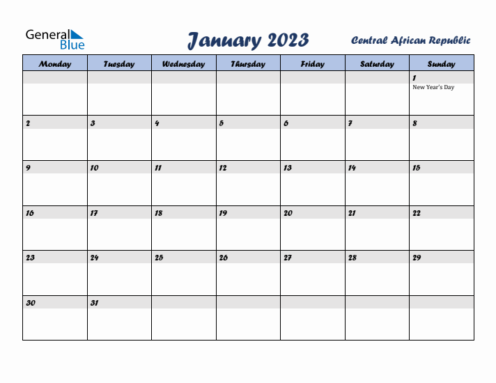 January 2023 Calendar with Holidays in Central African Republic