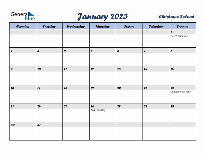 January 2023 Calendar with Holidays in Christmas Island