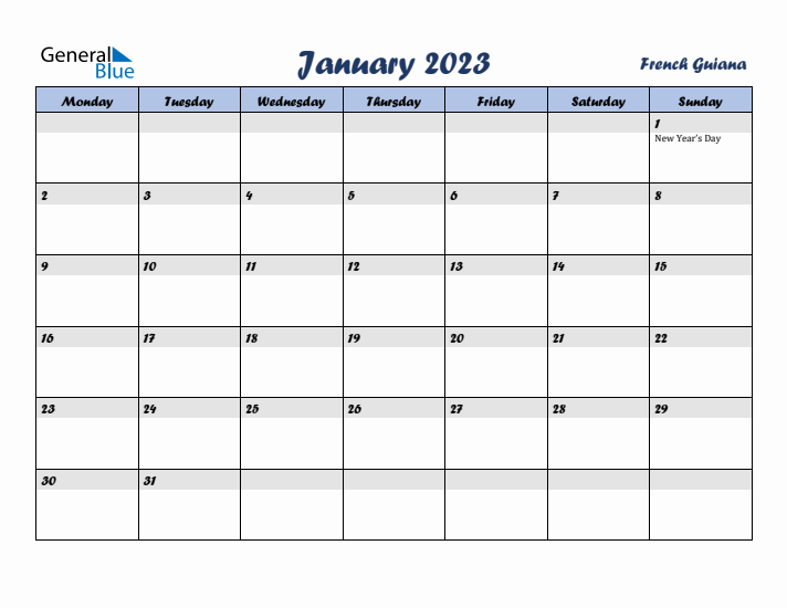 January 2023 Calendar with Holidays in French Guiana