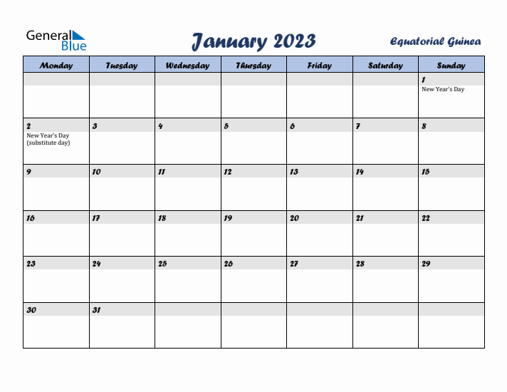 January 2023 Calendar with Holidays in Equatorial Guinea