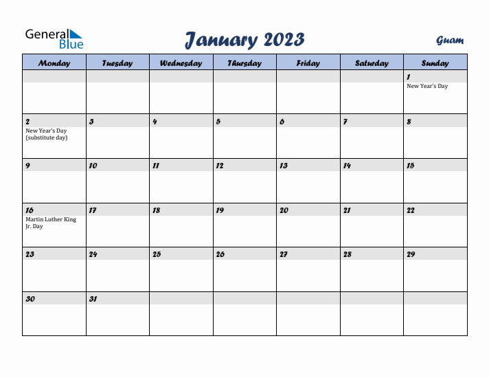 January 2023 Calendar with Holidays in Guam