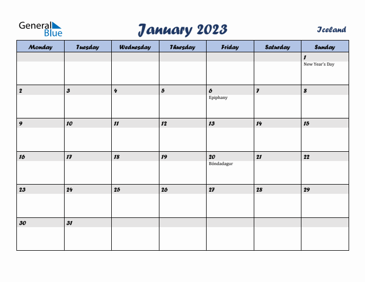 January 2023 Calendar with Holidays in Iceland