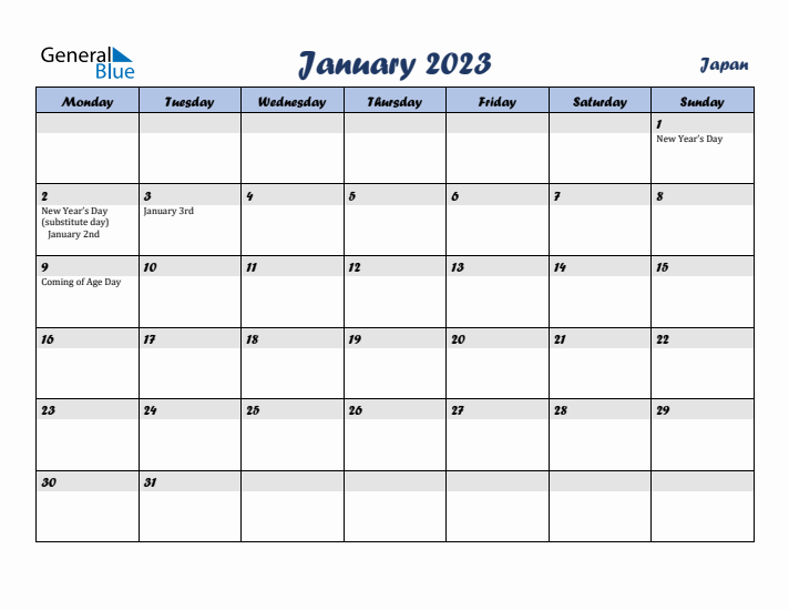 January 2023 Calendar with Holidays in Japan