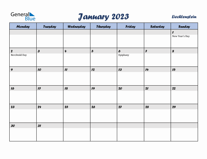 January 2023 Calendar with Holidays in Liechtenstein