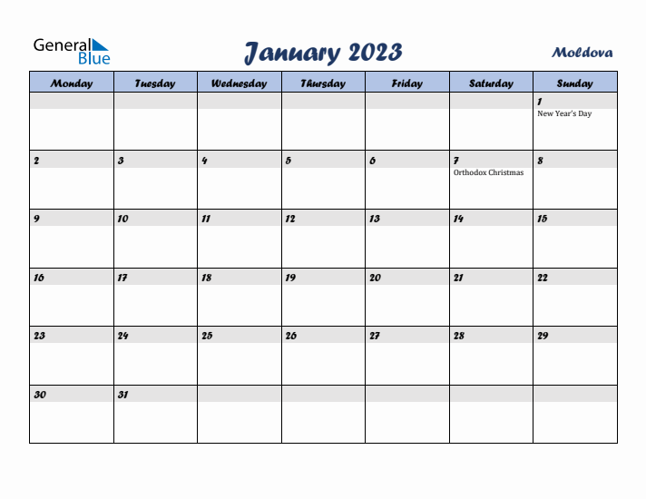 January 2023 Calendar with Holidays in Moldova