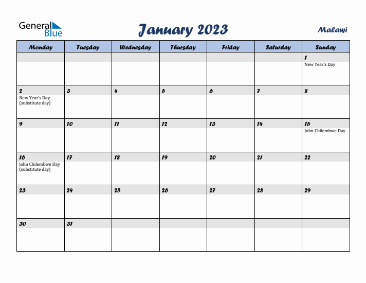 January 2023 Calendar with Holidays in Malawi
