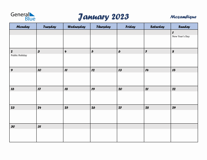 January 2023 Calendar with Holidays in Mozambique