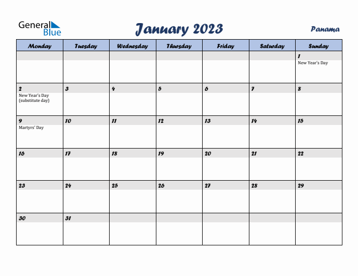 January 2023 Calendar with Holidays in Panama