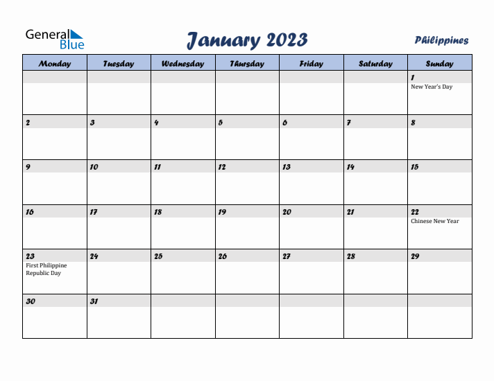 January 2023 Calendar with Holidays in Philippines