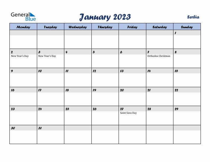 January 2023 Calendar with Holidays in Serbia