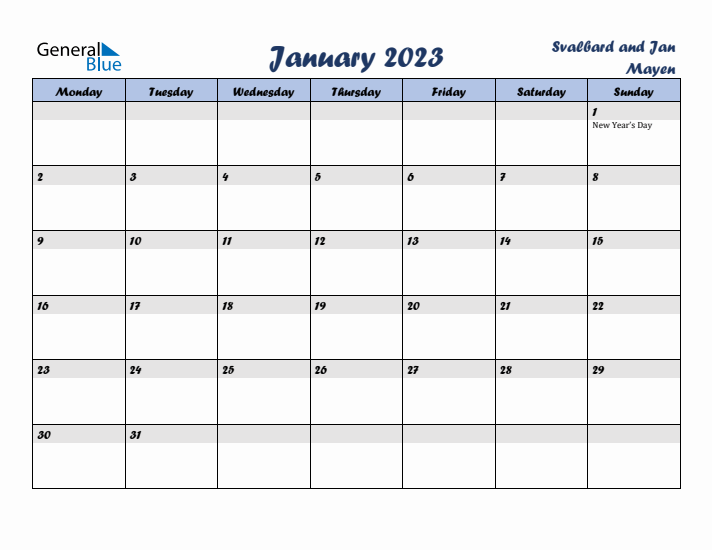 January 2023 Calendar with Holidays in Svalbard and Jan Mayen