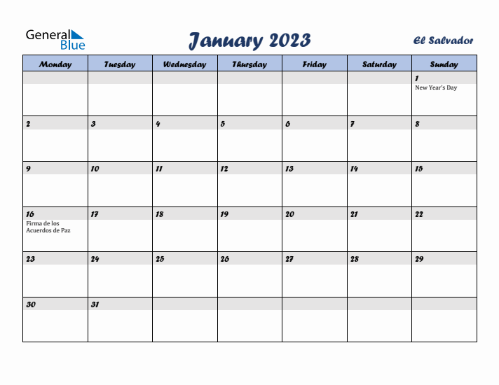 January 2023 Calendar with Holidays in El Salvador
