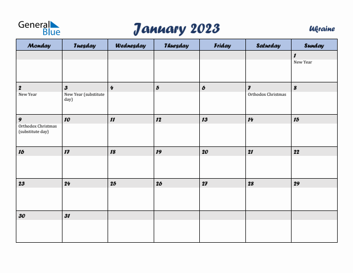January 2023 Calendar with Holidays in Ukraine