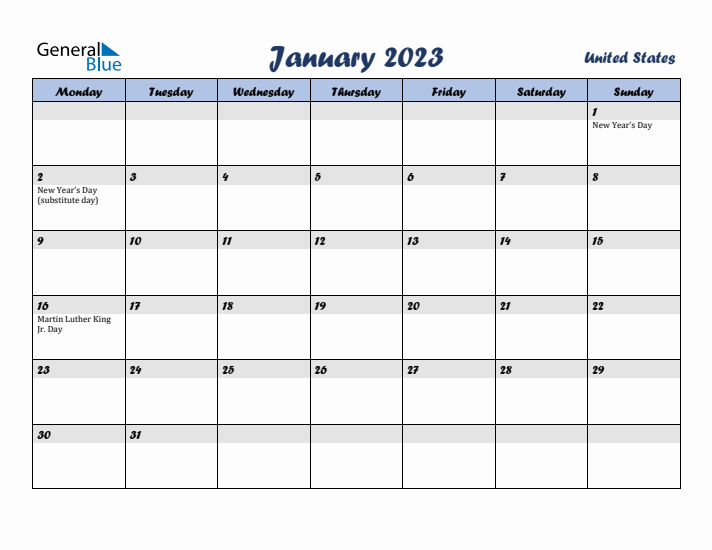 January 2023 Calendar with Holidays in United States