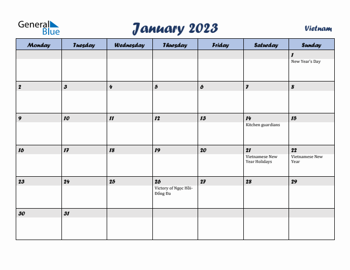 January 2023 Calendar with Holidays in Vietnam