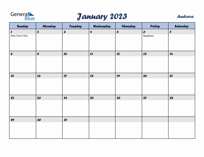 January 2023 Calendar with Holidays in Andorra