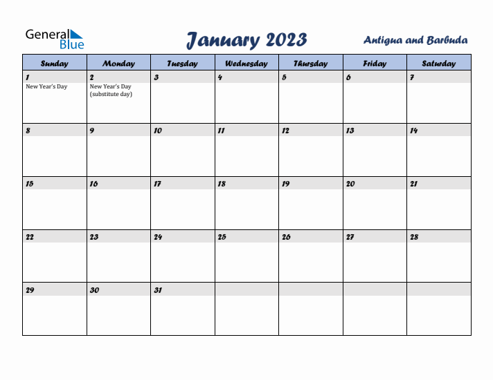 January 2023 Calendar with Holidays in Antigua and Barbuda