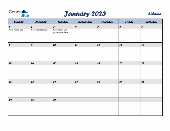 January 2023 Calendar with Holidays in Albania