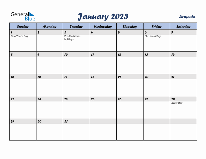 January 2023 Calendar with Holidays in Armenia