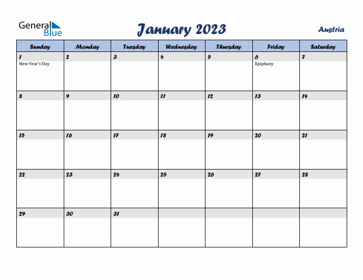 January 2023 Calendar with Holidays in Austria