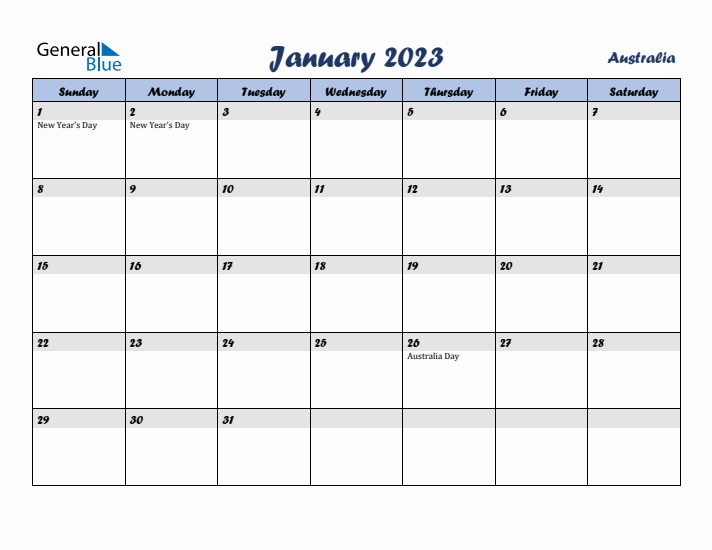 January 2023 Calendar with Holidays in Australia