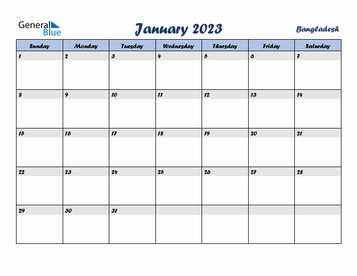 January 2023 Calendar with Holidays in Bangladesh