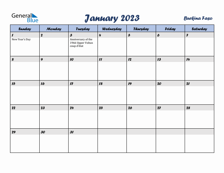 January 2023 Calendar with Holidays in Burkina Faso