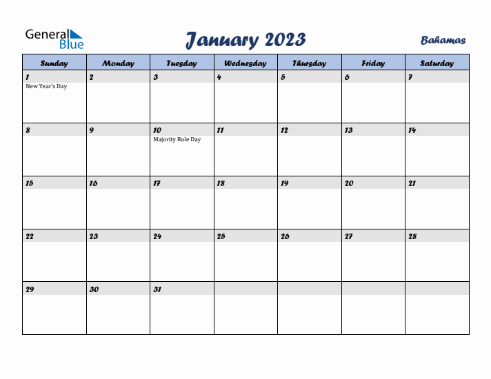 January 2023 Calendar with Holidays in Bahamas