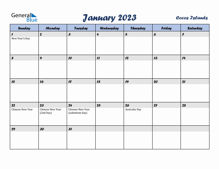 January 2023 Calendar with Holidays in Cocos Islands