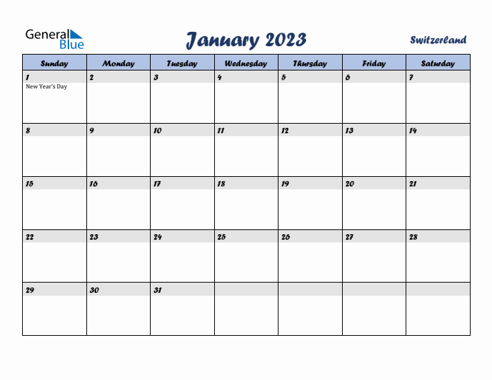 January 2023 Calendar with Holidays in Switzerland