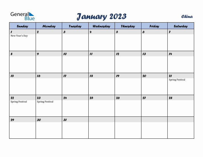January 2023 Calendar with Holidays in China