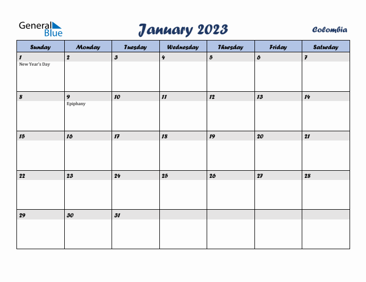 January 2023 Calendar with Holidays in Colombia