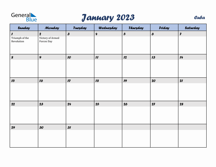 January 2023 Calendar with Holidays in Cuba